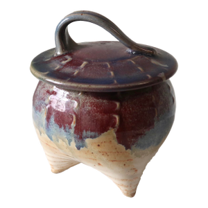 Late 20th Century Signed Handmade Studio Pottery Multicolor Glazed Ribbed Tripod Lidded Ceramic Vessel