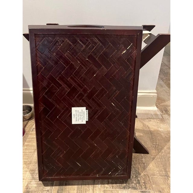 Wood 1980s Dark Wood Folding Butler Tray Table Woven Bamboo Inlay Removable Serving Tray For Sale - Image 7 of 13