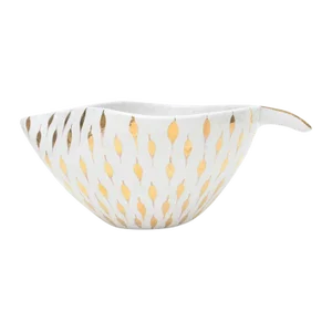 Vintage Italian Aldo Londi for Bitossi Gold Painted Teardrop White Ceramic Bowl Feather Plume Design 60's
