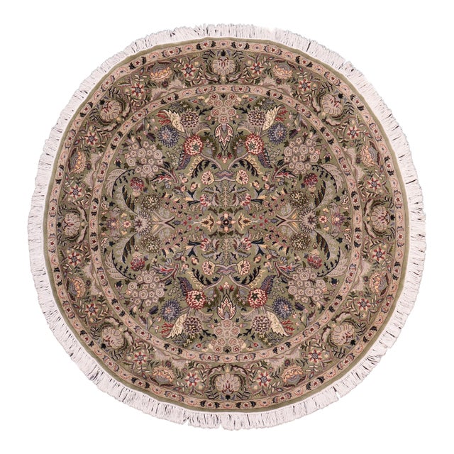 Shabby Chic 1990's Pak-Persian Green/Gray Wool Round Rug - 6'2'' X 6'3'' For Sale