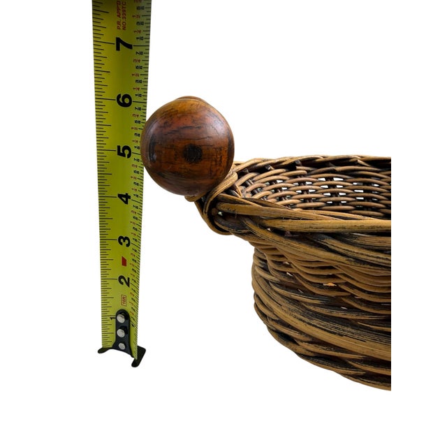 Vintage Wicker Basket With Turned Wood Double Ball Finial Handles - Boho Coastal Folk Art For Sale - Image 10 of 11