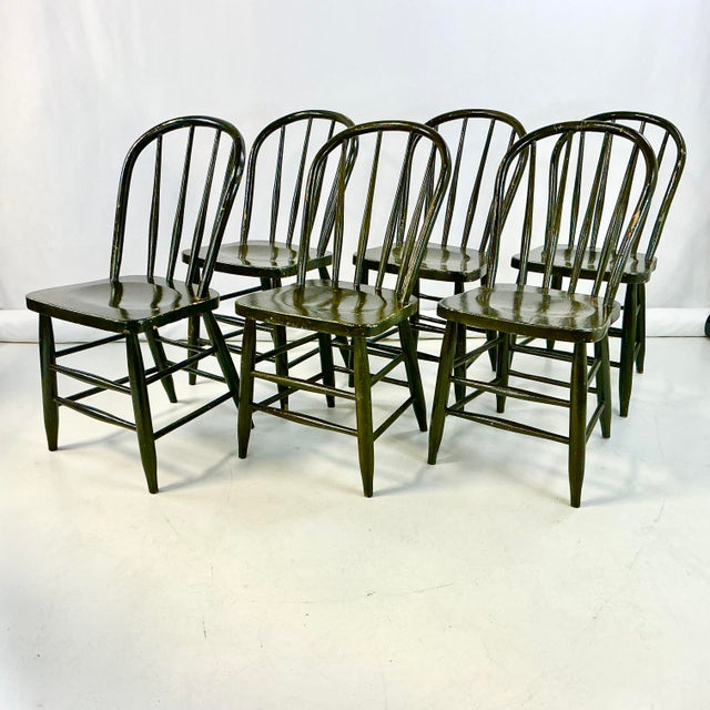 This is a set of 6 antique hand-turned pine spindle back dining chairs from the late 1800s. They are in very good sturdy...