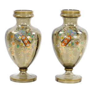 Pair Antique French Hand Gilt / Decorated Enameled Gray Tinted Glass Vases