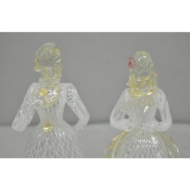 Mid-Century Modern Vintage Italian Murano Latticino & Gold Leaf Art Glass Male & Female Figure Pair For Sale - Image 3 of 11