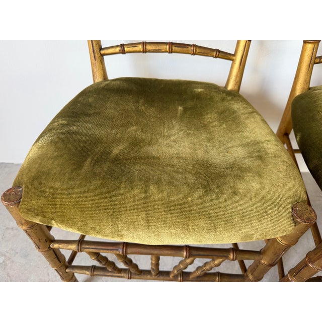 Gold Antique Italian Faux Bamboo Gilt Wood Accent Chairs With Green Velvet Upholstery – A Pair Description: For Sale - Image 8 of 12
