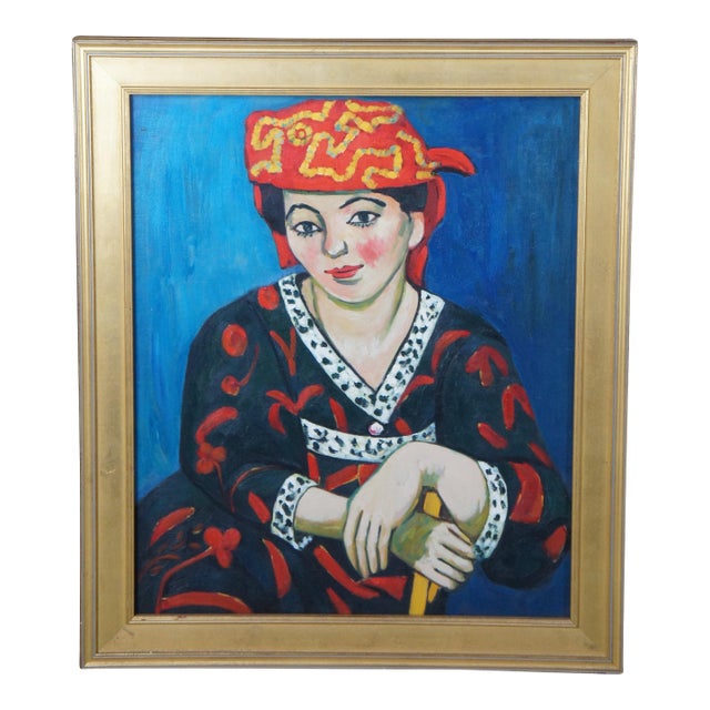 Late 20th Century The Red Madras Headdress Portrait Oil Painting After Henri Matisse Framed For Sale
