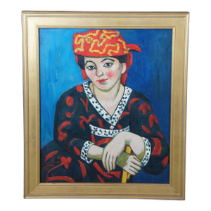 Late 20th Century The Red Madras Headdress Portrait Oil Painting After Henri Matisse Framed