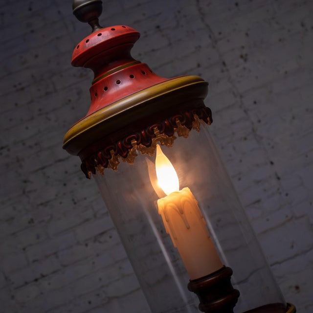 1960-1970’s Campaign Style Hurricane Lantern Table Lamp Orange & Yellow Painted Metal Frame & Brass Accents For Sale - Image 17 of 18
