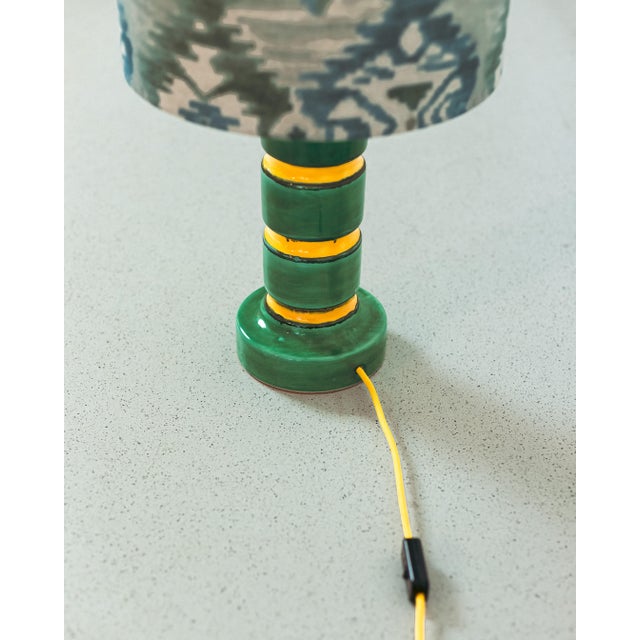 Mid-Century Modern Green Ceramic Table Lamp with Fabric Shade, 1970s For Sale - Image 3 of 6
