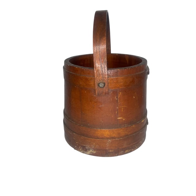 Antique Primitive Wood Firkin Staved Bucket Iron Bail Handle Victorian Decoupage For Sale In Philadelphia - Image 6 of 10