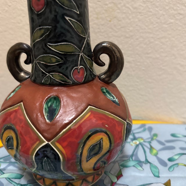 1960s Vintage Art Nouveau Style Studio Pottery Vase – Hand-Painted Floral & Geometric Twin-Handled Ceramic Vase For Sale - Image 5 of 10