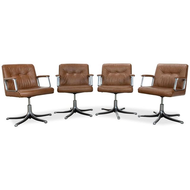 T69 Table and Swivel Chairs in Wood, Cognac Leather and Chrome by Osvaldo Borsani, Set of 5 For Sale - Image 5 of 18