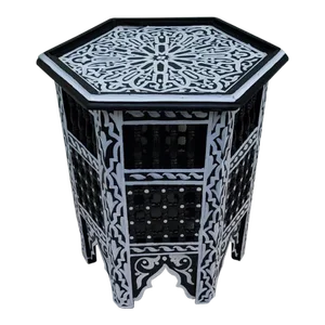 Moroccan Hexagonal Wooden Musharabi Black and White Side Table