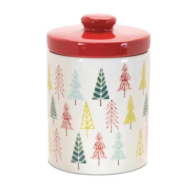 Store your holiday treats in style with this Ceramic Pine Tree Print Cookie Jar. Featuring modern pine tree artwork in...
