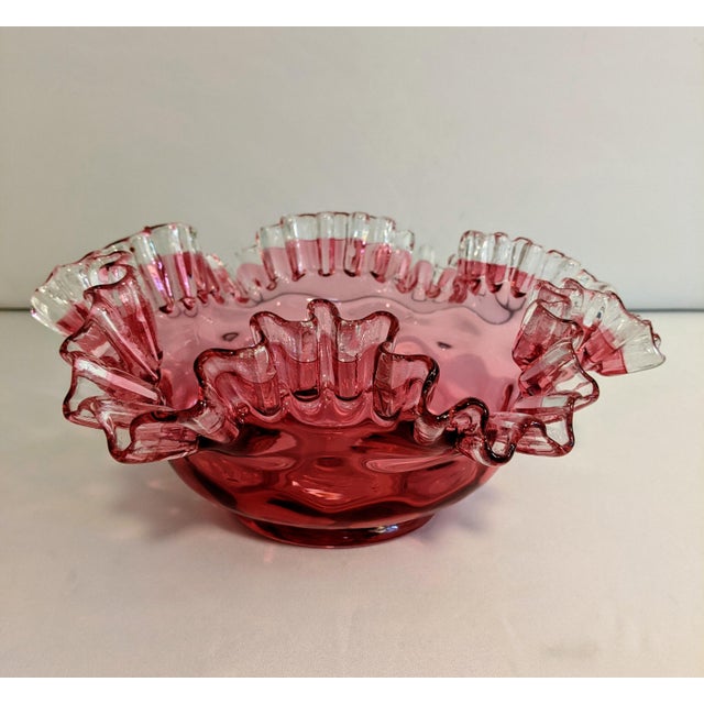 Vintage Fenton-Style Cranberry Thumbprint Pattern Ruffled Rim Glass Bowl For Sale In Louisville - Image 6 of 6