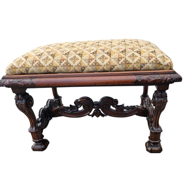 Antique 19th C. French Walnut Upholstered Bench –Hand Carved, Restored & Quality For Sale - Image 11 of 16