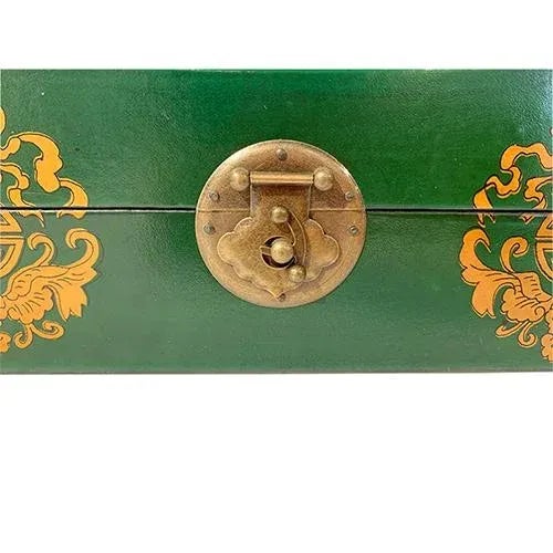 Delicate hand painted Green wooden Asian jewelry box with a saddle shape design. It has lots of storage for necklaces and...