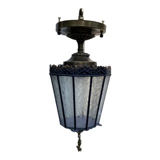Vintage 1920s Glue Glass Semi Flush Ceiling Fixture For Sale