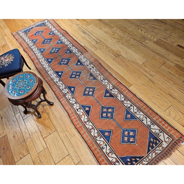 19th Century Persian Kurdish Runner Rug, Hand-Knotted Wool, Geometric Medallion Pattern, Terracotta & Navy, 3x12 For Sale In Chicago - Image 6 of 16