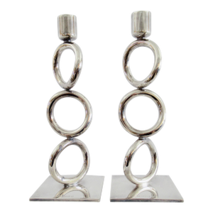 Andree' Putman (Design) for Christofle of France "Vertigo" Silver Plate 3-Ring Asymmetrical Candle Holders - Pair