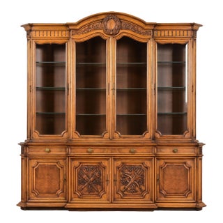 Karges French Regency Louis XVI Burled Walnut Lighted Breakfront Bookcase Cabinet, Newly Refinished For Sale