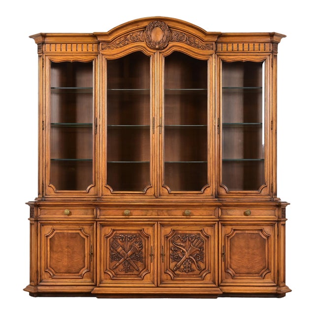 Karges French Regency Louis XVI Burled Walnut Lighted Breakfront Bookcase Cabinet, Newly Refinished For Sale