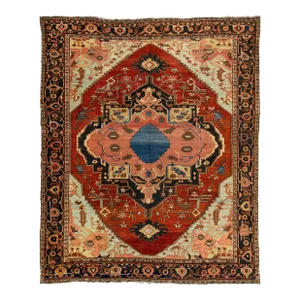 1870s Antique Wool Rug Persian Serapi Featuring a Medallion Motif in Rust Color