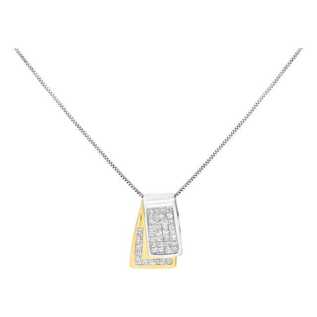 14K White and Yellow Gold 1.0 Cttw Princess Cut Diamond Two Tone Foldover Box Pendant 18” Box Chain Necklace (H-I Color, SI2-I1 Clarity) For Sale