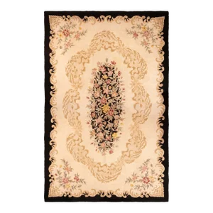 Vintage Beige and Black Hand Hooked Wool Floral Rug