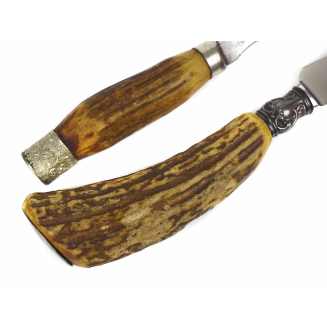 Mid 20th Century Steel and Natural Stag Antler Handles Serving Cutlery Carving Set - 2 Pieces For Sale - Image 4 of 5