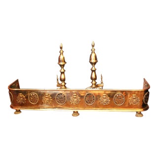 Set of 3, Vintage Handcrafted Ornate Brass Fireplace Fender With Brass Andirons For Sale