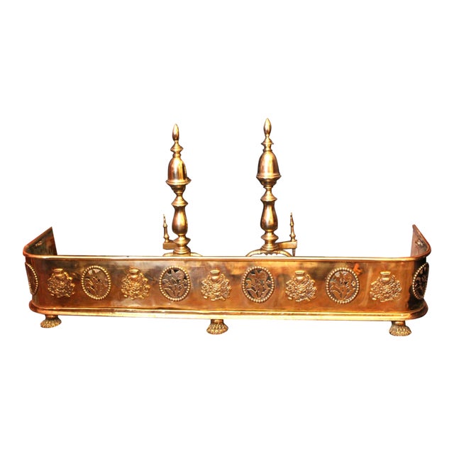 Set of 3, Vintage Handcrafted Ornate Brass Fireplace Fender With Brass Andirons For Sale