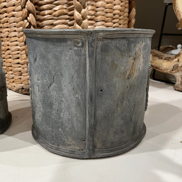 Gray Antique English Pair of Lead Antique Planters W/Amphorae & Garland Relief For Sale - Image 8 of 9