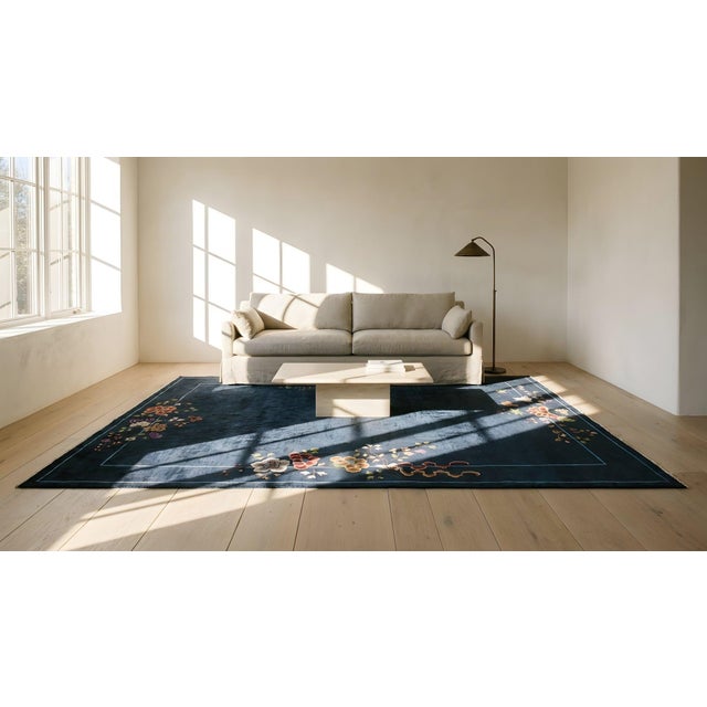 1920s Blue Navy Field Floral Antique Chinese Art Deco Carpet 9' X 11'4" Knotted Wool Rug For Sale - Image 16 of 18