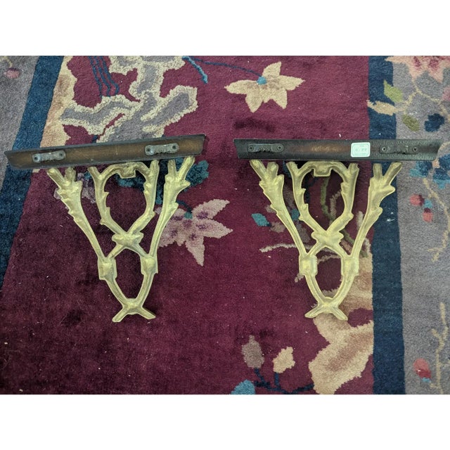 Vintage Chelsea House Polished Brass Laurel Leaves and Wood Decorative Wall Brackets- A Pair For Sale - Image 9 of 9
