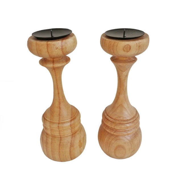 2020s Set of 2 Wood Candle Stands For Sale - Image 5 of 5