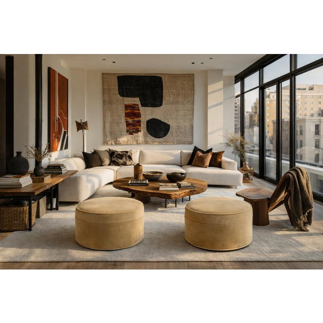 Mid-Century Modern Large Scale Pair of Round Vintage Floor Ottomans For Sale - Image 3 of 5