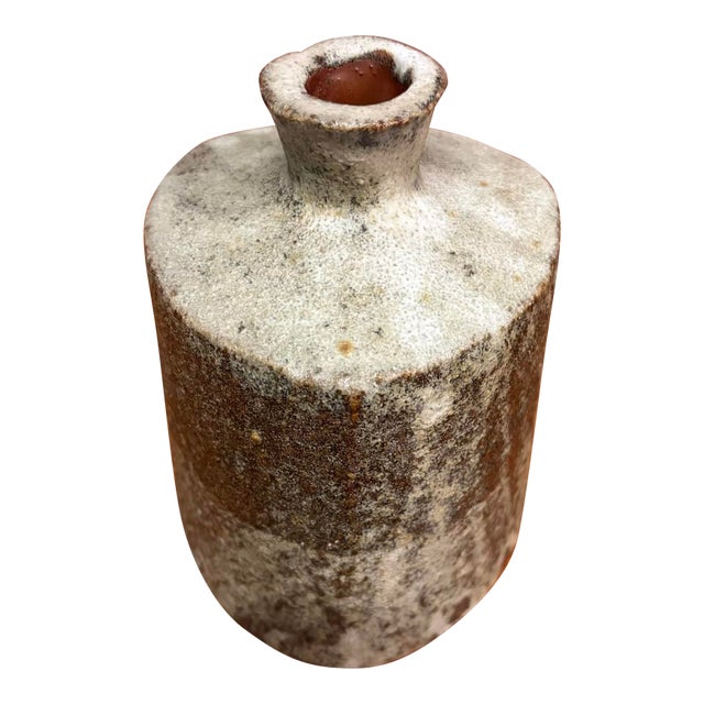 Vintage Brutalist Studio Pottery Triangular Bottle Vase With Textured Ash Glaze For Sale