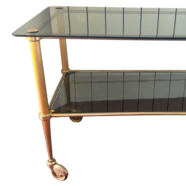 Vintage Hollywood Regency Brass and Smoked Glass Bar Cart on Castors, 1960 For Sale - Image 3 of 6