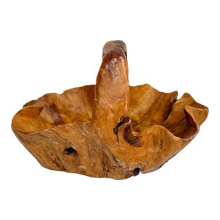 Vintage Hand-Carved Burl Wood Bowl – Large Organic Basket-Style Decorative Centerpiece For Sale