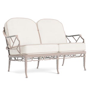 Brown Jordan Calcutta Loveseat in Blush with Sea Salt and Dusty Pink Welt Cushions For Sale