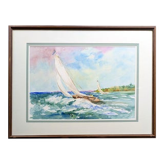 1980s Angelina Wood Original Sailboat Watercolor Painting in Custom Frame For Sale
