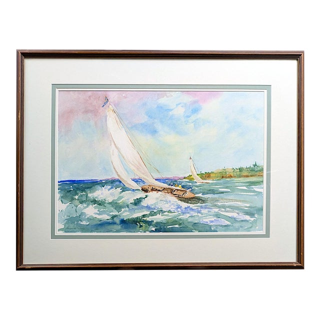 1980s Angelina Wood Original Sailboat Watercolor Painting in Custom Frame For Sale