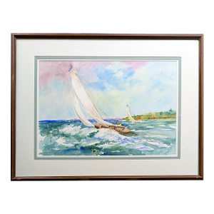 1980s Angelina Wood Original Sailboat Watercolor Painting in Custom Frame