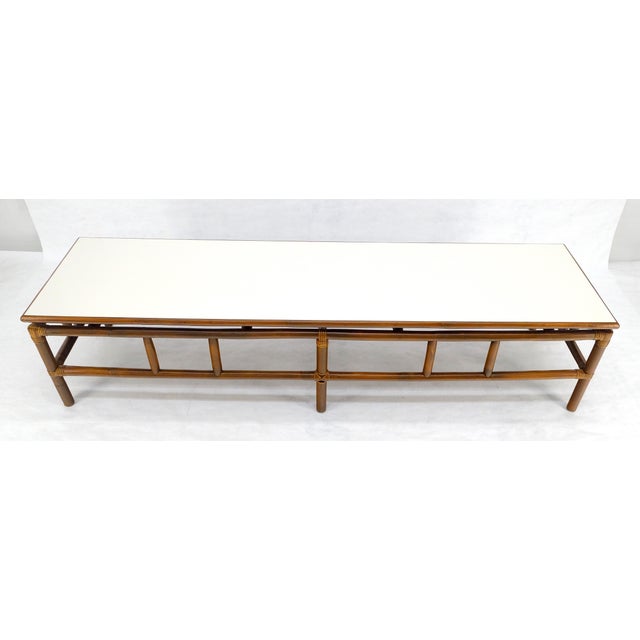 White Mid Century c1970s Rattan Bamboo White Formica Top 72” Long Coffee Table MINT For Sale - Image 8 of 15