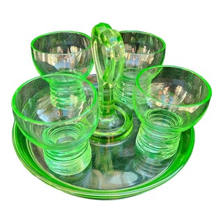 1950s Green Uranium Glass Cordial Set- 5 Pieces For Sale