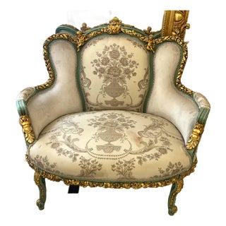 French Rococo Petite Sofa Settee – Ivory Damask Upholstery, Teal Green Frame & Ornate Gold Leaf Cherub Details For Sale