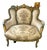 French Rococo Petite Sofa Settee – Ivory Damask Upholstery, Teal Green Frame & Ornate Gold Leaf Cherub Details For Sale