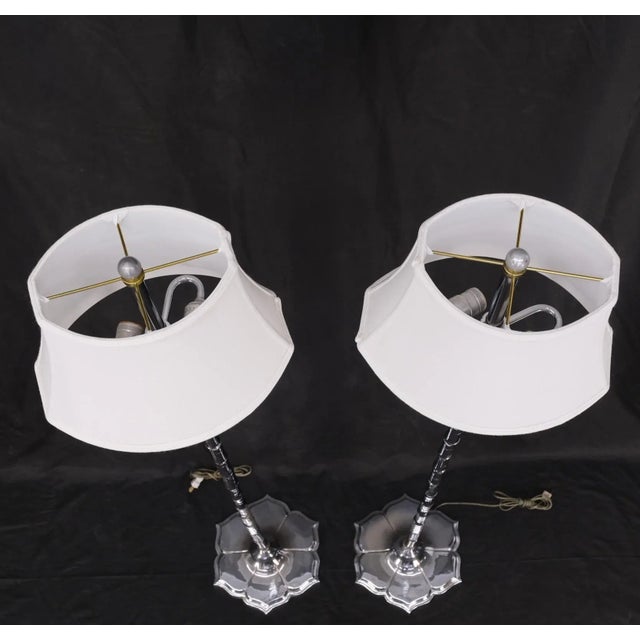 Mid 20th Century Pair of Cast Lotus Shape Bases Chrome Faux Bamboo Mid-Century Modern Floor Lamps For Sale - Image 5 of 13