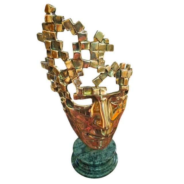 Not Yet Made - Made To Order Geometric Bronze Masks with Marble Bases, Set of 2 For Sale - Image 5 of 5